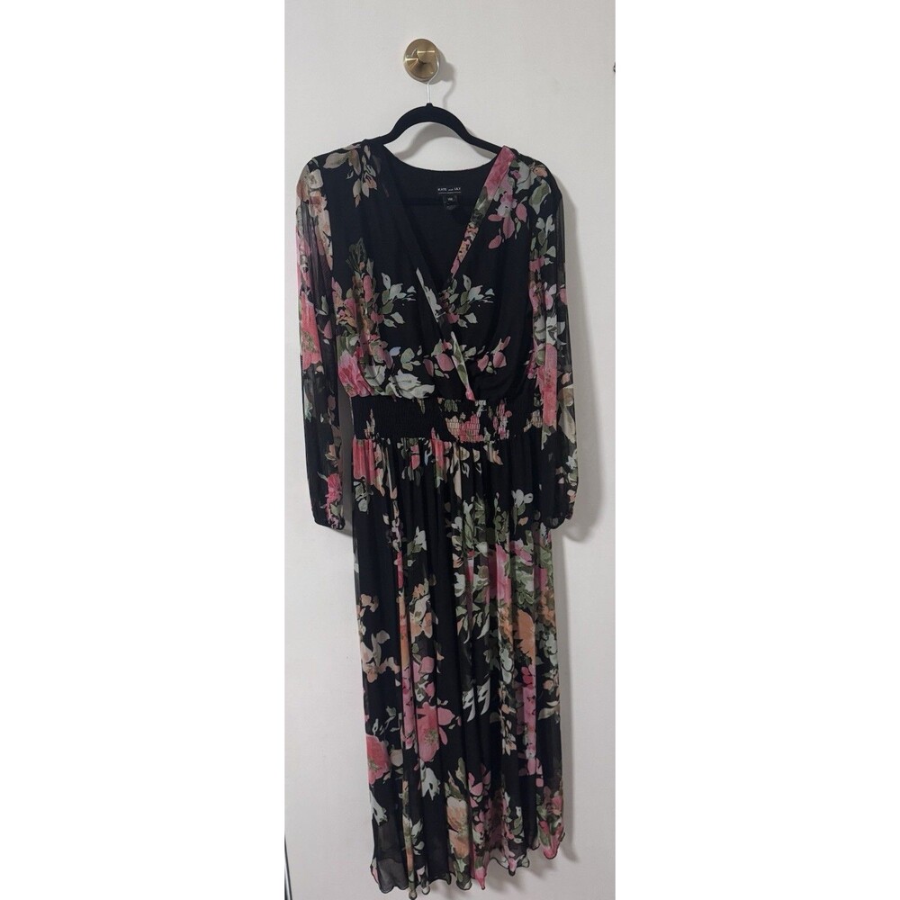 Kate and Lily Mesh Floral Maxi Dress Black Pink Green 14W V-Neck Long Sleeve